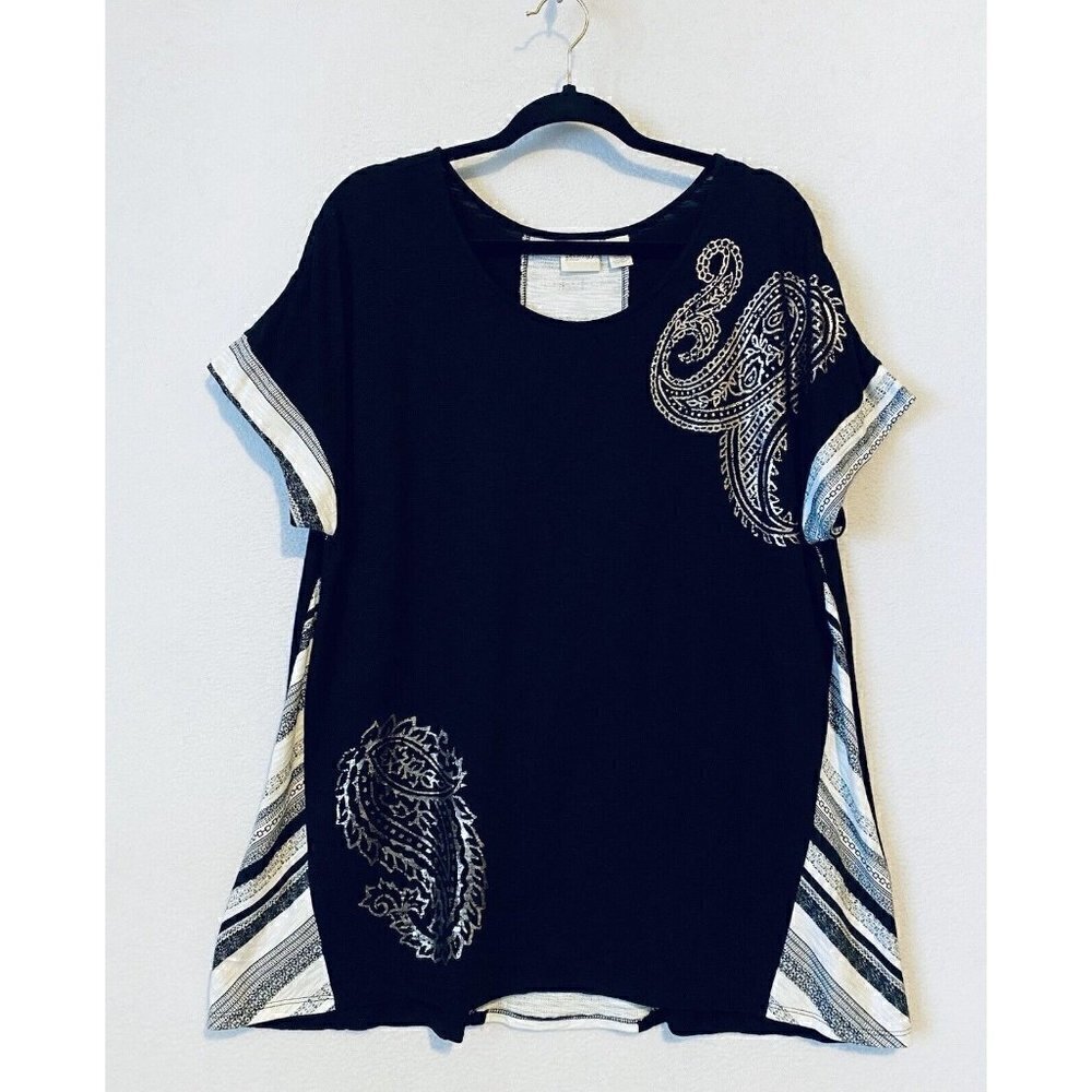 Chicos Zenergy Top Womens XL Black Cotton Modal Silver Paisley Knit Stretch Boho